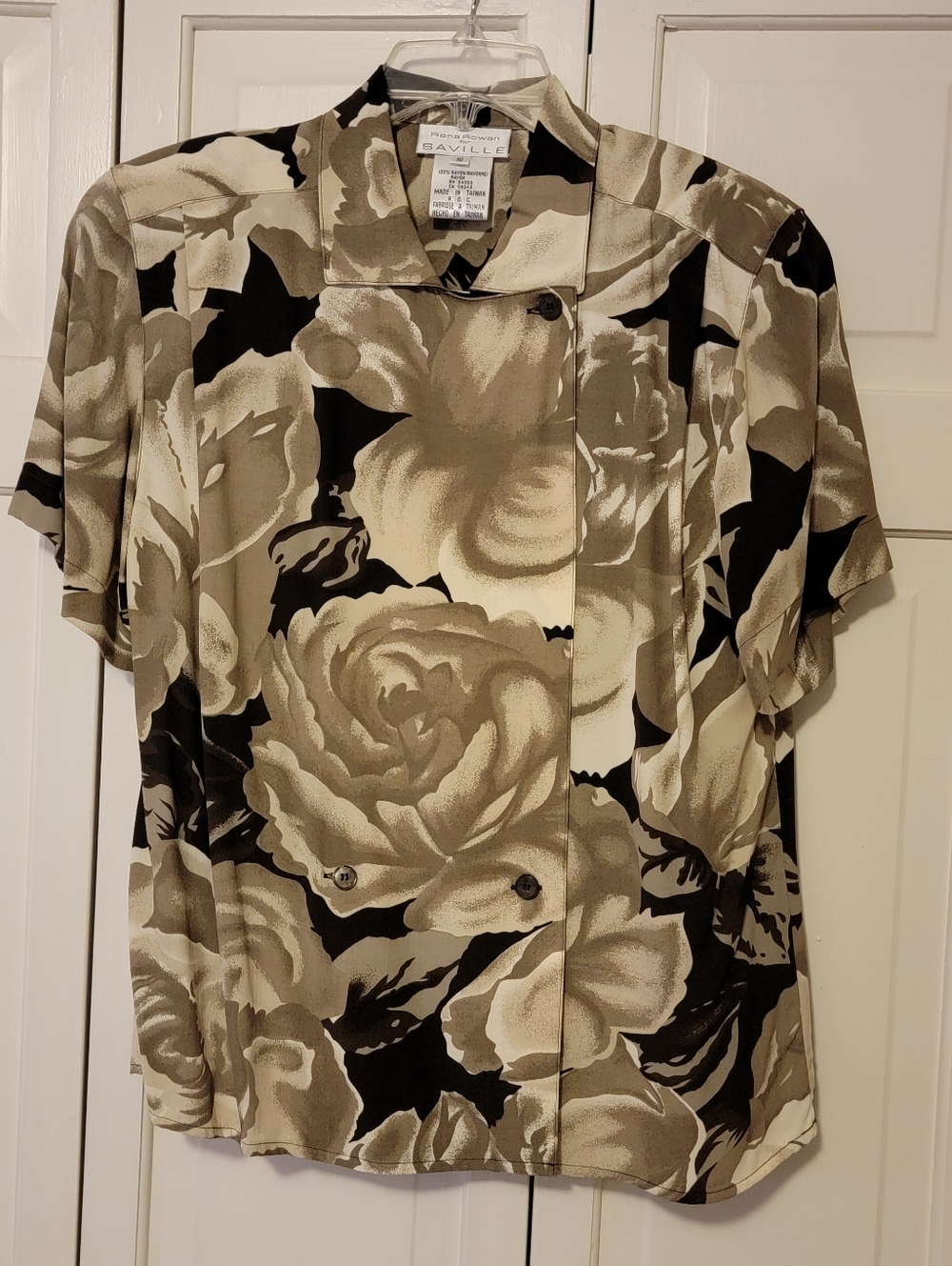 Rena Rowan For Saville Floral Button-Front Blouse in Beige & Black Size 10 EUC
